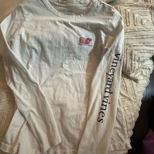 Vineyard Vines Kids Cream Long Sleeve Tee with Pink Logo